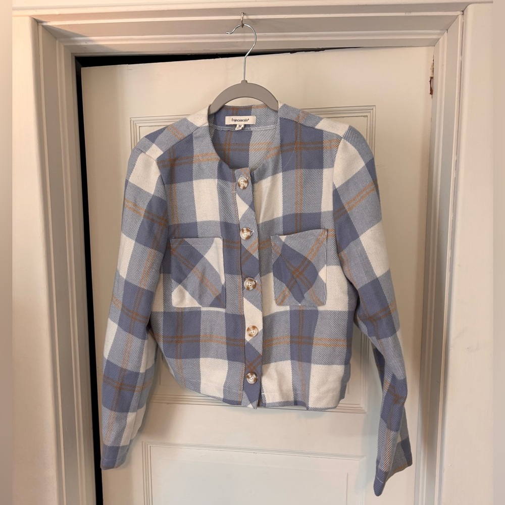 Francesca's Collections Blue and White Plaid Jacket I Button Front I Medium
